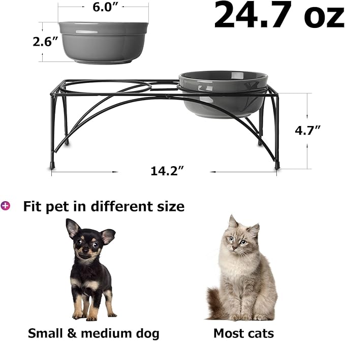 Y YHY Ceramic Raised Pet Bowls 24 oz Capacity 5.2” Height Sturdy Metal Stand, Grey
