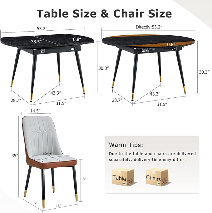53” Round Dining Table Set for 4｜5 Piece Wood Dining Table Set｜Extendable Dining Room Table with 4 Chairs｜Black Wooden Tabletop with Metal Legs｜Easy Assembly｜Space Saving｜for Kitchen, Living Room