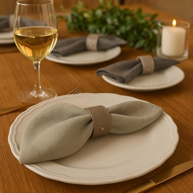 Luxury Leather Napkin Rings Set of 8, Grey, Morgan Faux Style, Modern Cuff Design for Wedding Party Decorations, Kitchen, Holiday Table,Rust Proof,Hotel, Home, Table Accessories, Dining