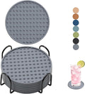 Set of 6 Silicone Coasters, 4'' Drink Coaster with Holder, Round Coasters for Drinks Beer Coffee Home Office Bar Desk Tabletop Protection, Non-Slip Rubber Coaster (Grey, 6 Pcs-Metal Holder)