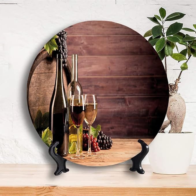 Decorative Plates, Wine Print Ornament, Still Life of Wine with Wooden Keg Rustic, 7 Inch, Kitchen Wall Decor, Brown Green Light Brown