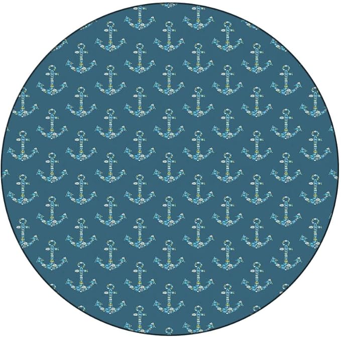 Round Edge Closing Tablecloth, Nautical Elastic Edged Tablecloth, Anchors Maritime Theme Decor, Fit Round Tables 28inch Diameter, for Restaurant Picnic Indoor and Outdoor Use, Petrol Blue Beige