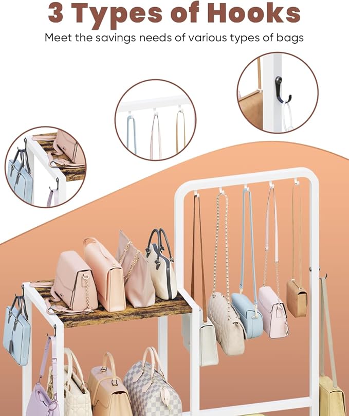 Floor-Standing 3-Tier Purse Organizer, High-Capacity Bag Holder with 8 Hooks, Multi-Functional Purse Rack for Various Bags, Handbag Display Stand Shelf for Closet, Bedroom, Entryway, White
