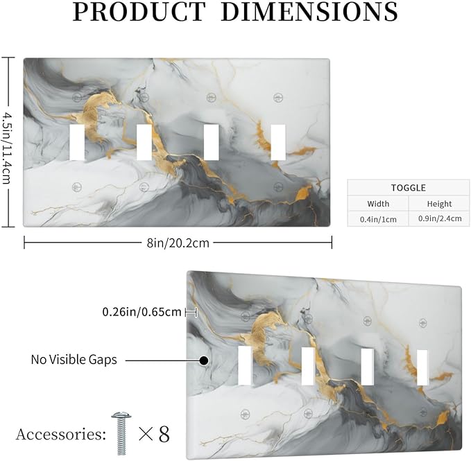 Light Switch Cover Gray/Gold Marble Abstract Modern Luxury 4 Gang Switch Plate Quad Toggle Wall Plates Decorative Switchplate Electrical Outlet Cover for Bathroom Bedroom Decor