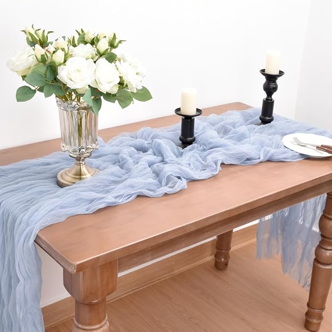 Joanlody Blue Cheesecloth Table Runner Spring Easter 10Ft Rustic Gauze Boho Cheese Cloth Table Runner for Wedding Bridal Baby Shower Decoration 10 Pack