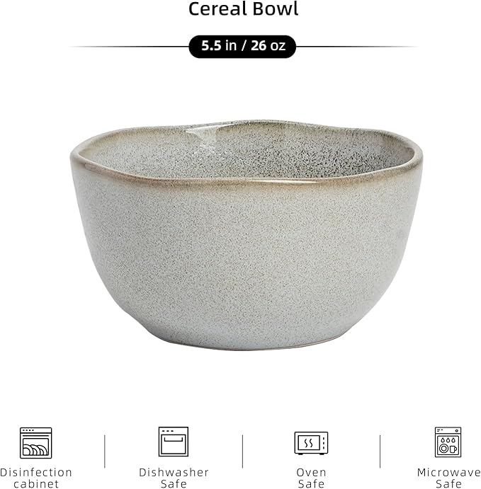 Organic Shape Highland Ceramic Cereal Bowl, 6pcs 5.5 Inch Reactive Glaze Stoneware Rice bowl with Wavy Edge, for Kitchen, Microwave & Dishwasher Safe, Scratch Resistant-grey