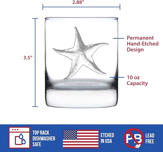 Bevvee Starfish Rocks Glass - Beach Themed Decor and Decorative Ocean Glassware Gifts for Women and Men - 10.25 Oz Glasses