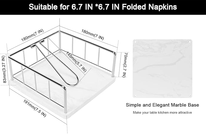 Livabber Flat Napkin Holder, Metal Kitchen Napkin Storage with Weighted Tension Arm Rustic Tissue Paper Dispenser for Countertop, Table Kitchen, Dining Room (With Marble Base, Chrome)