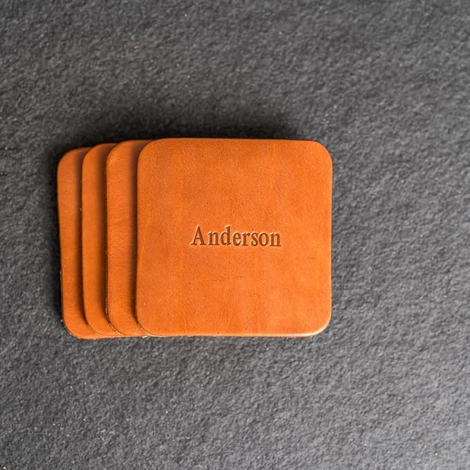 Ox & Pine Personalized Leather Coaster - Sold Individually or in Sets of 4 - Customize Inscription - 100% Full-Grain Leather – 4" Round or 4" Square (Square, Black, Set of 4 Coasters)