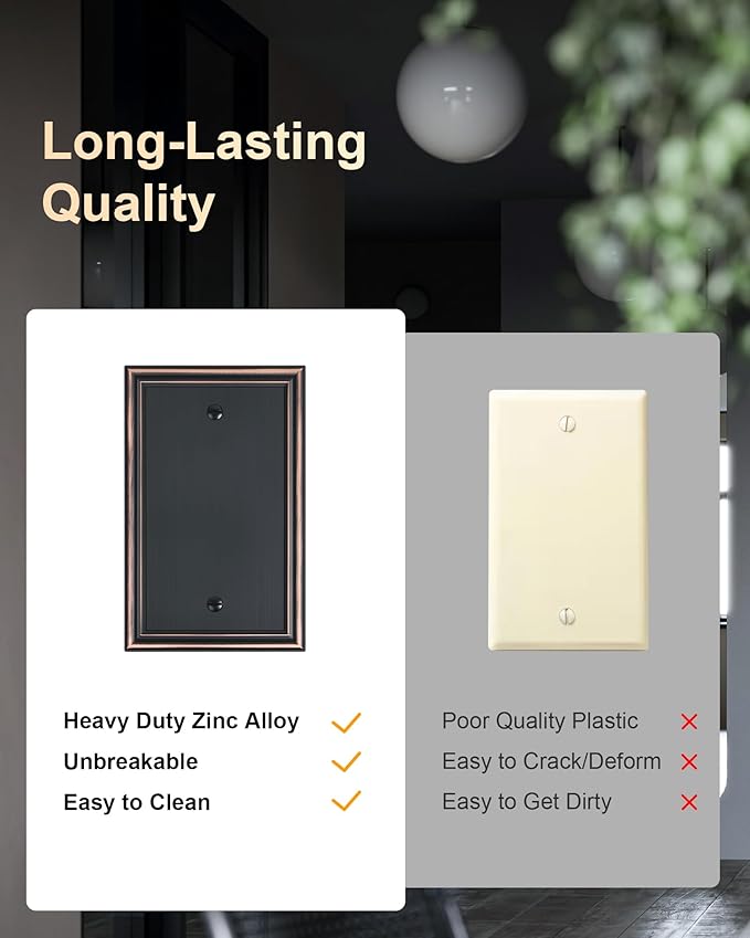 2-Pack Single Blank Wall Plates, Durable Solid Zinc Alloy Blank Outlet Covers, Decorative Aged Bronze Wall Plate Cover for Unused Outlets/Switches, Corrosion Resistant