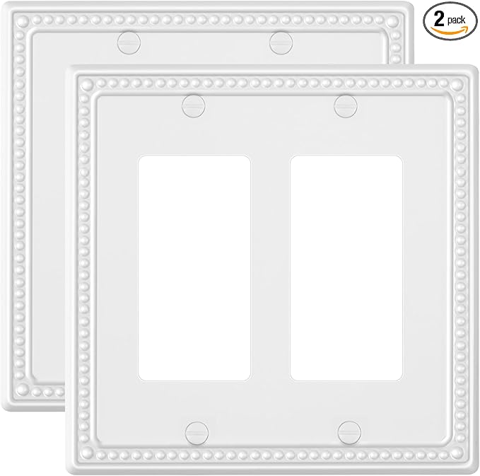 2-Pack Double Decorator Outlet Cover Plate, Pure White Pearls Decorative Switch Plates and Outlet Covers, Metal Wall Plates for Electrical Outlets
