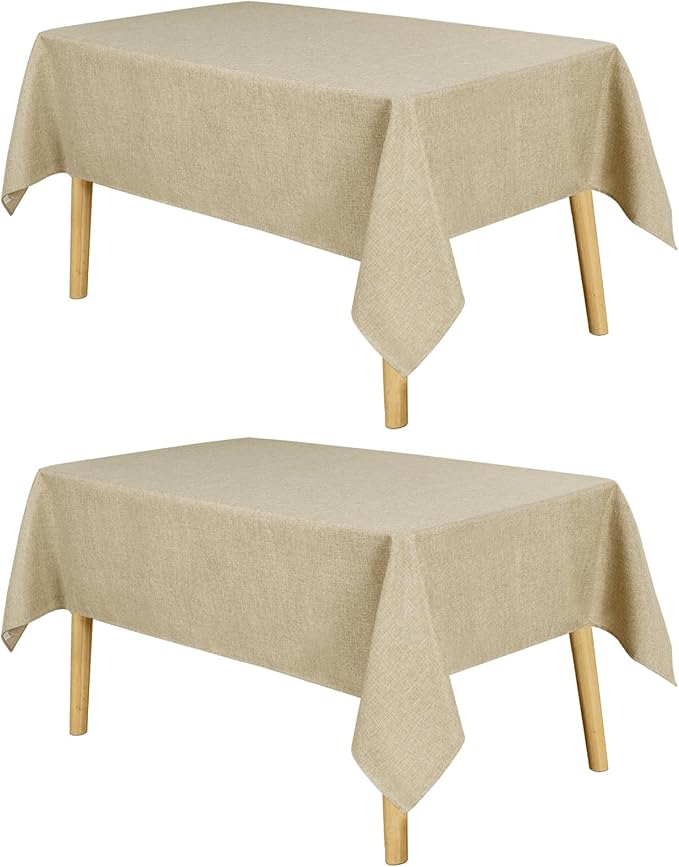 JIUZHEN 2 Pack Faux Linen Farmhouse Tablecloth Rectangular, Wrinkle Stain Resistant Table Cloth Rectangle Table Cover for Kitchen Dining, Beige, 54 x 120 Inch