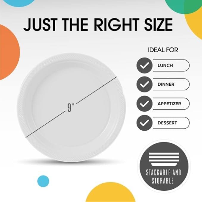 White Plastic Plates For Party 9" White Disposable Plates Heavy Duty 100 Pcs Plastic Dinnerware Sets Heavy Duty 350 GSM Disposable Dinnerware Set