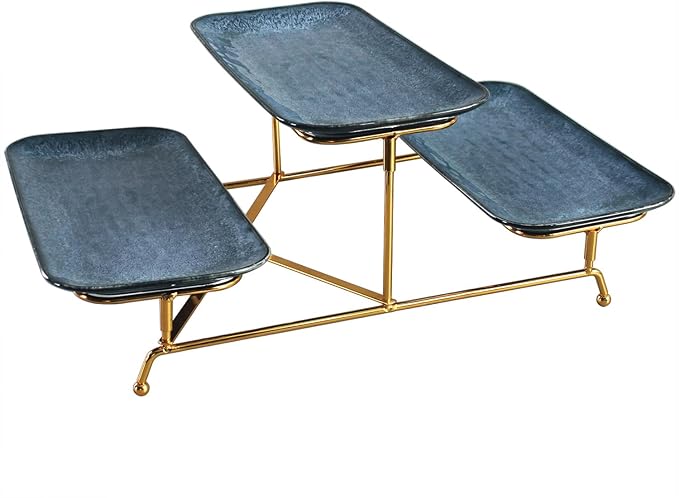 3 Tier Serving Trays for Party, 12.4 Inch Porcelain Serving Platters and Tiered Trays, Foldable Sturdy Gold Stand, for Food Display, Fruit, Cake Dessert, Decoration Entertaining, Blue