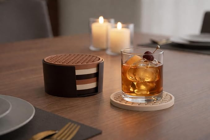 Happitasa 4.25 Inch Bar Mat Style Silicone Beverage Coasters, Set of 6 with Holder (Black)