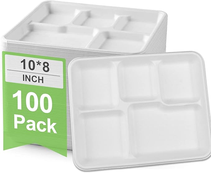 Go-Green 100% Compostable 5 Compartment Plates,Eco-Friendly Disposable Bagasse Tray,10 inch Heavy Duty School Lunch Tray,100 Pack