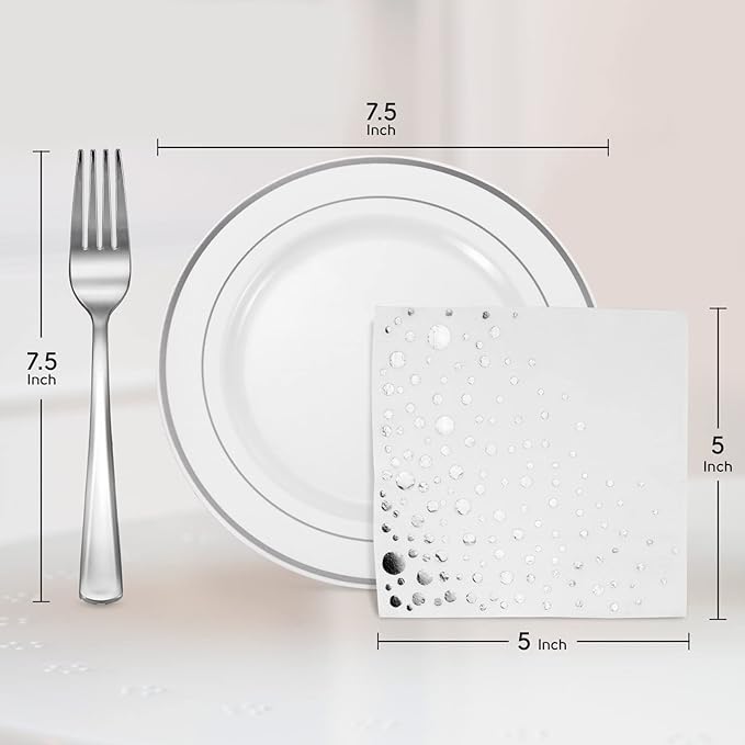 Stylish 7.5 Inch Silver Cake Plates with Disposable Forks and Cocktail Napkins (100 Set) - Small Appetizer Plates - Silver Plastic Dessert Plates - Plastic Cake Plates for Wedding Reception