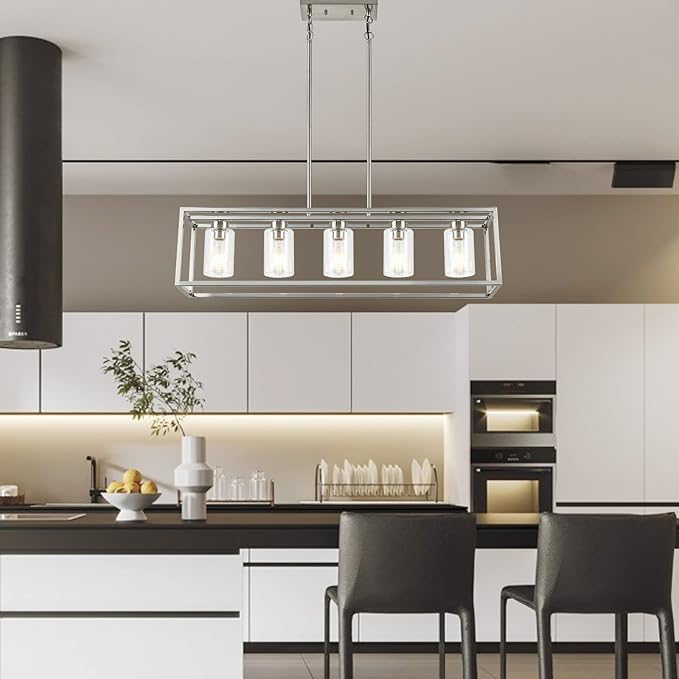 XILICON Dining Room Lighting Fixture Hanging Farmhouse Brushed Nickel 5 Light Modern Pendant Lighting Contemporary Chandeliers with Glass Shade for Living Dining Room Bedroom Kitchen Island