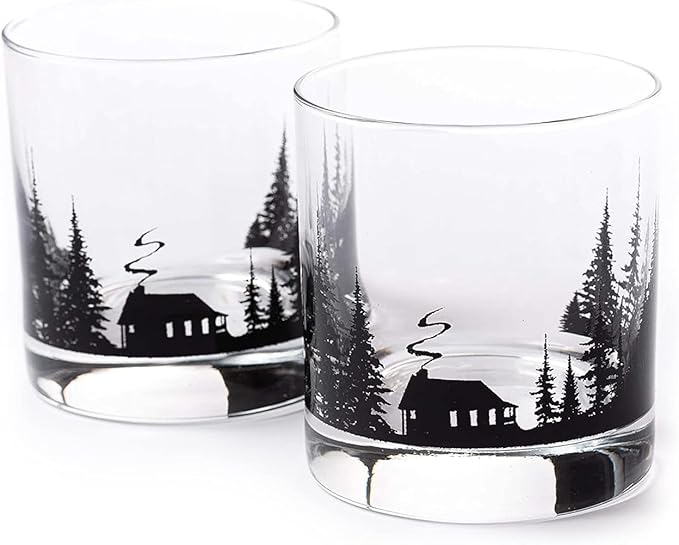 Black Lantern Cabin in the Forest Whiskey Glass Set – 11oz Old Fashioned Rocks Tumblers with Cabin & Pine Tree Design | Hand-Printed Heavy-Base Barware for Bourbon, Scotch & Cocktails (Set of 2)