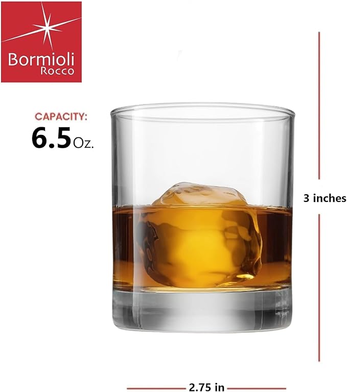 Bormioli Rocco Cortina 6.5 Oz. Whiskey Glasses, Set of 6 - SMALL Lowball Glasses with Weighted Bottom Short Glass Tumbler - Rocks Glass for Scotch or Bourbon Glassware, Made In Italy