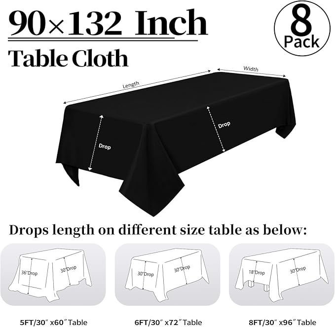 8 Pack Black Tablecloth 90 x 132 Inch Rectangular Table Cloth for 8 Foot Rectangle Tables, Wrinkle Resistant Washable Polyester Fabric Covers for Wedding Party Banquet Buffet and Camping