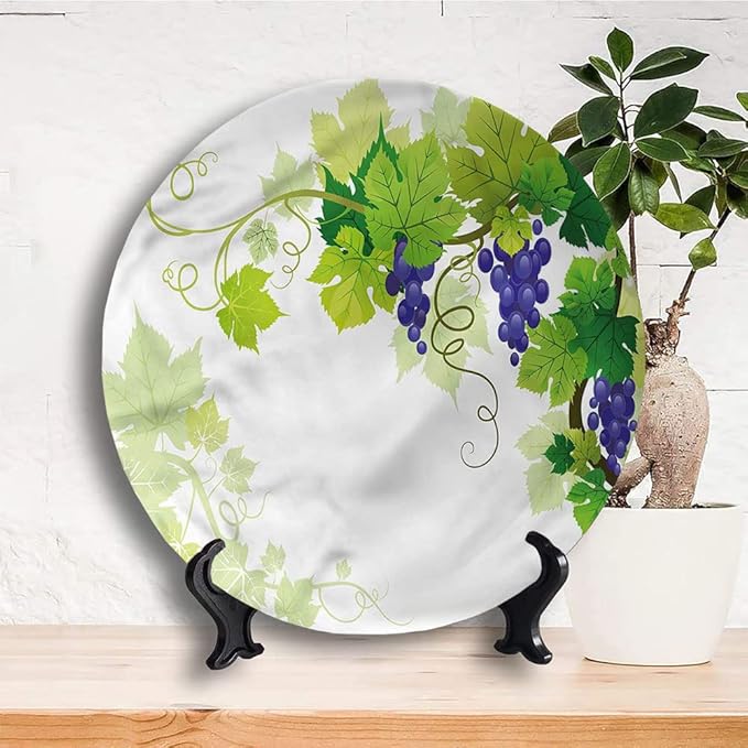 Decorative Plates, Vine Print Ornament, Grapes with Fresh Foliage, 6 Inch, 1 Plate with 1 Display Stand, Multicolor