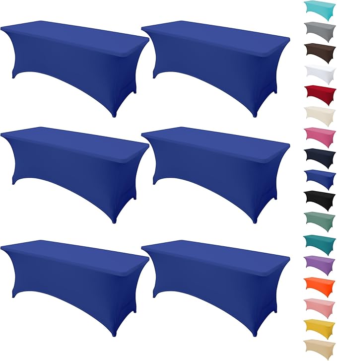 6Pack 8FT Table Cloth for Rectangular Fitted Events Stretch Gemstone Blue Table Covers Washable Spandex Tablecloth Protector for Party, Wedding, Cocktail, Banquet, Festival