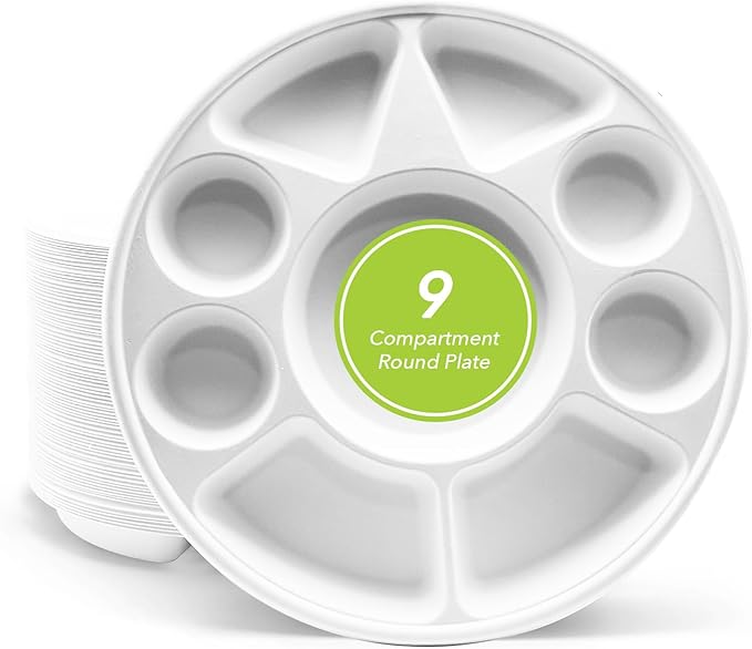 three leaf 9 Compartment Bagasse Round Plate, 25 Ct. Heavy-Duty- Super Strong- Natural- Eco-Friendly Disposable Bagasse Plates, 100% Biodegradable