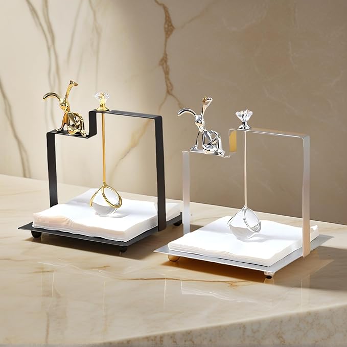 Bunny Napkin Holder for Tabletop, Decorative Square Plastic Rabbit Paper Towel Dispenser - Compact for Kitchen Counter, Home Bar, Farmhouse & Restaurant Table Decor (GOLD)
