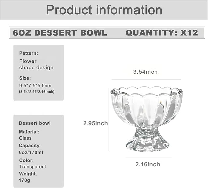 Iced Cream Dessert Bowl，Set of 12，6oz Vintage Glass ware with Heavy Base, Drinking Cup for Sundae, Fruit, Ice Cream, Snack, Condiment (12)