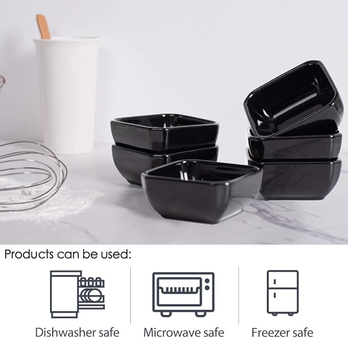 Delling Square Porcelain Ramekins - Oven Safe, Set of 6 Black, Perfect for Creme Brulee & Souffle