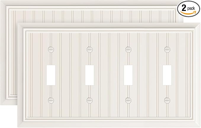 2-Pack Classic Beadboard Quad Toggle Light Switch Cover Plate, Almond Decorative Switch Plate Covers, Natural Bamboo Fiber 4 Gang Wall Plate for Toggle Light Switch and Rotary Dimmer Switch