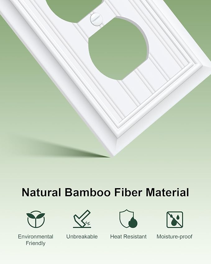 4-Pack Classic Beadboard Duplex Outlet Cover Plate, Decorative Pure White Switch Plates and Outlet Covers, Natural Bamboo Fiber Wall Plates for Electrical Outlets, 1 Gang Receptacle Cover