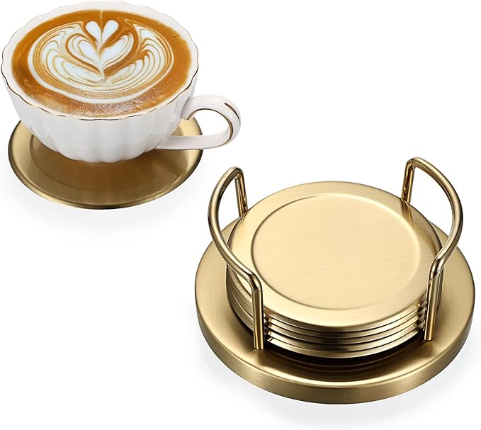 JUXYES Set of 6 Stainless Steel Round Coasters with Holder & Sponge Bottom, Golden Metal Cup Coasters Set Stunning Cool Coaster Cups Mats Decor for Restaurant Kitchen bar Dining Table