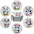 Ceramic Coasters Set of 6, Marble-Textured Design with Holder - Absorbent Cork-Backed Coasters for Cups, Bar & Coffee Table Decor Accessories (Panda, 6 Pack)