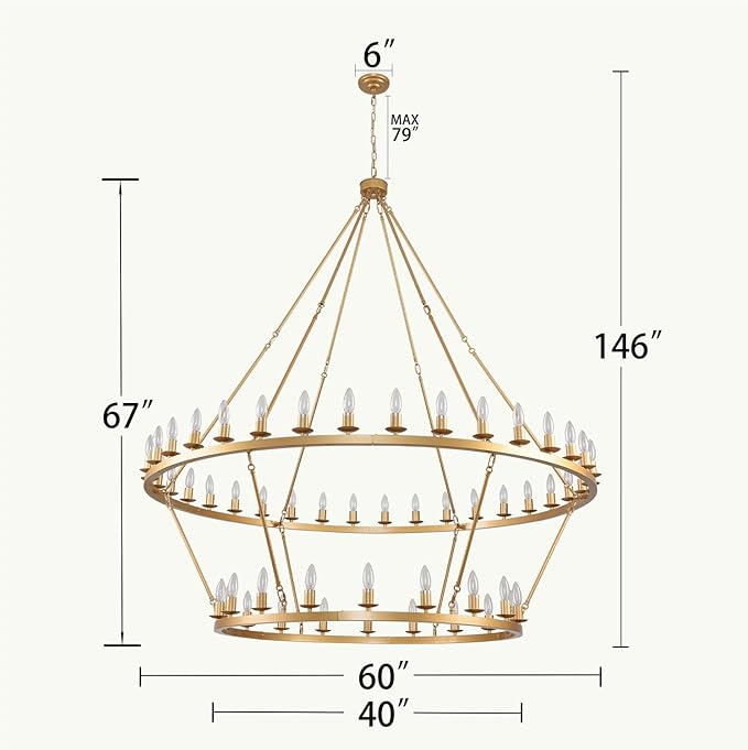 60 Inch Gold Extra Large Wagon Wheel Chandelier, 2 Tier 54-Lights Farmhouse Industrial Round High Ceiling Pendant Light Adjustable Chain, for Dining Room, Living Room