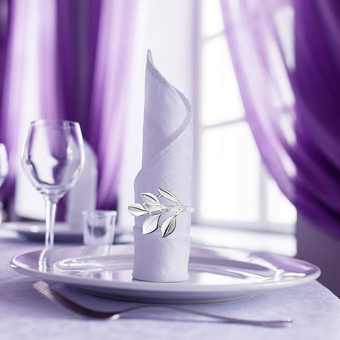 Hotop 12 Pcs Leaf Napkin Rings Set Silver Metal Napkins Rings Holders Bulk Glossy Table Adornment for Vintage Wedding Bridal Thanksgiving Christmas Holidays Fall Dinner Party Decoration Favors