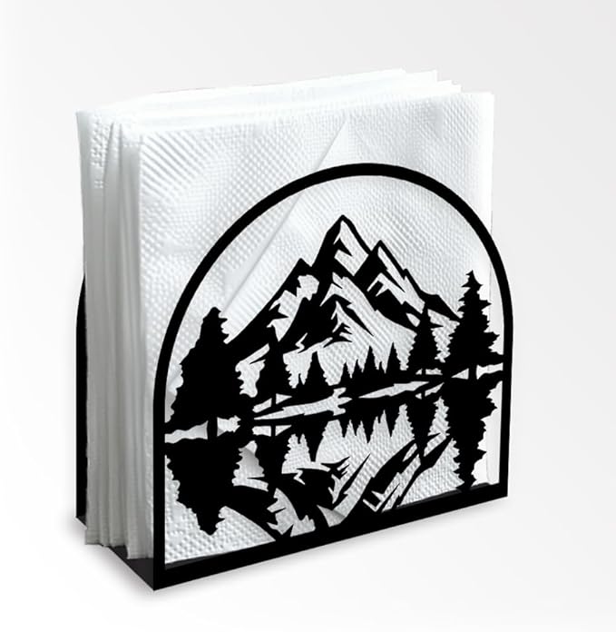 Mountain Forest Decorative Black Metal Napkin Holder for Table, 5.3" x 4.9" x 1.9" Mountain Tree Standing Napkin Holder for Home Kitchen Restaurant Picnic Party Coffee Bar Dining Room
