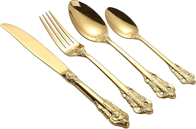 Gold Silverware Set 18/10 Stainless Steel Flatware Sets Palace Style 48 Piece Delicate Cutlery Set for 12 Durable Home Kitchen Wedding Tableware Utensil Include Knifes Teaspoons Forks and Spoons
