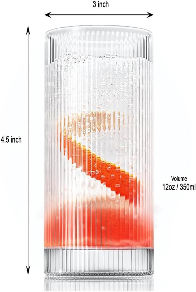 LEMONSODA Vintage Straight Line Highball Cocktail Drinking Glasses and Tumblers 10oz, 12oz (12 oz, Set of 2) [2072]