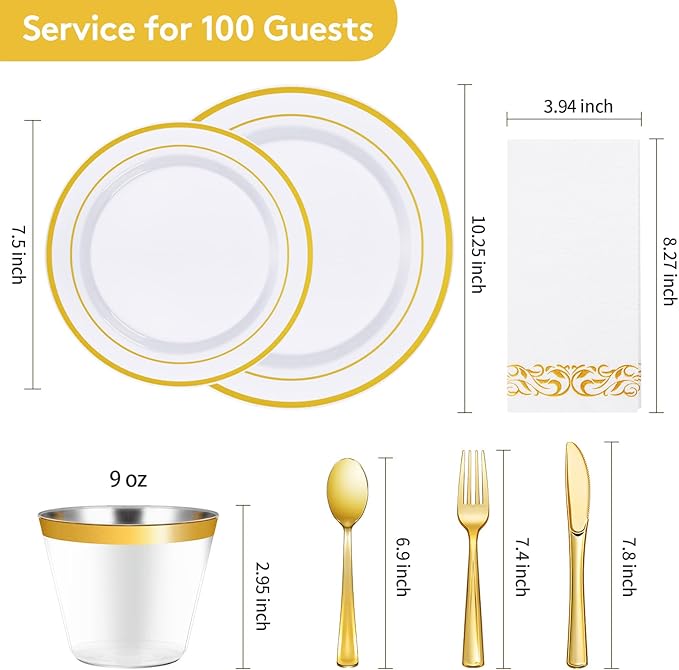 Goodluck 700 Piece Gold Dinnerware Set for 100 Guests, Disposable for Party, Include: 100 Gold Rim Dinner Plates, 100 Dessert Plates, 100 Paper Napkins, 100 Cups, 100 Plastic Silverware Set