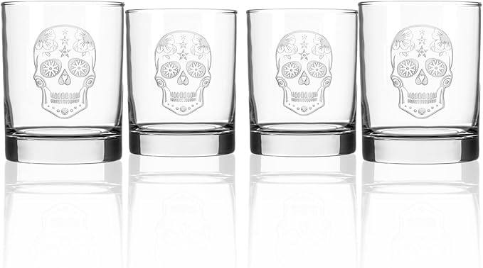 Rolf Glass Sugar Skull On the Rocks Glass | Set of 4 Etched 11oz Whiskey Glasses | Made in America | Mardi Gras Tumblers