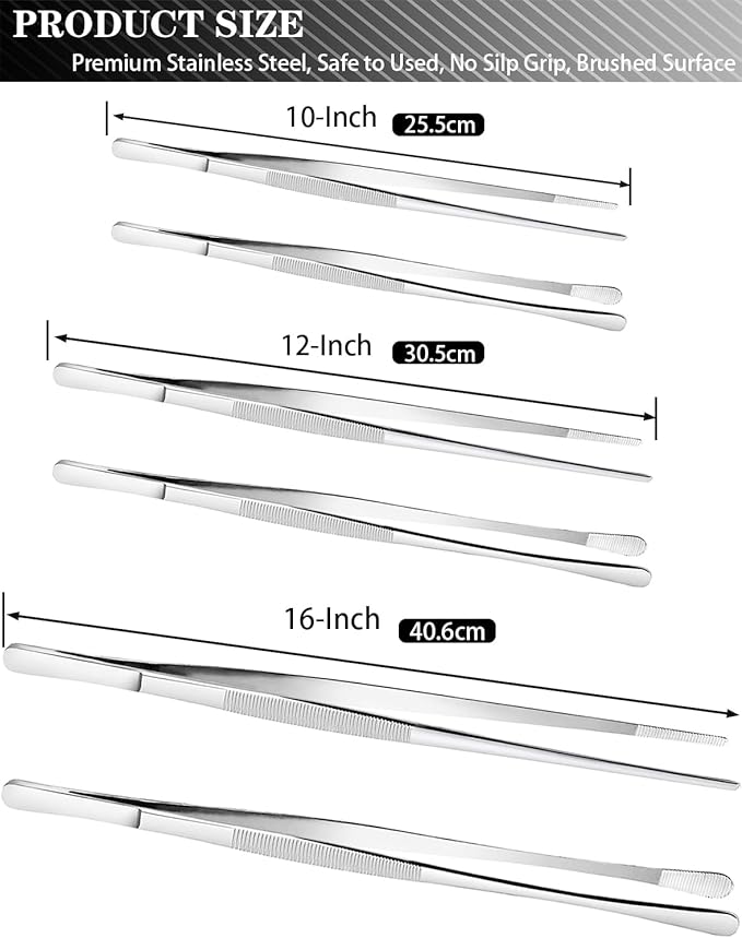 JETKONG 4 Pcs Kitchen Tweezers Tongs Stainless Steel Cooking Tweezers Set, Professional Kitchen Long Tweezer for Cooking, Repairing, and BBQ (10+12-Inch, Silver)