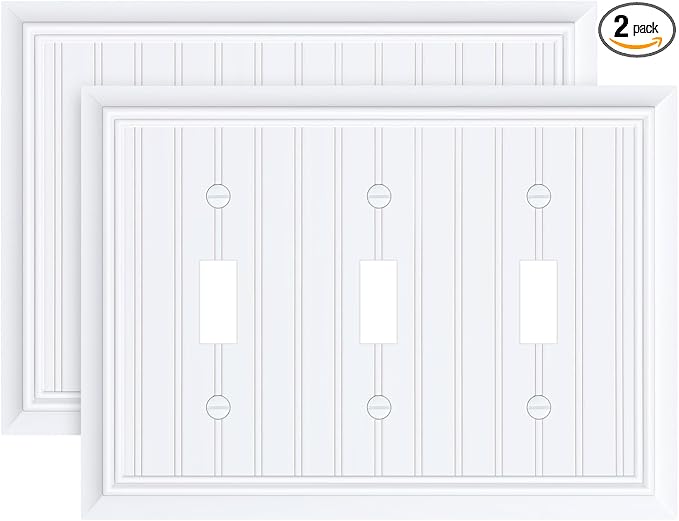 2-Pack Classic Beadboard Triple Toggle Light Switch Cover Plate, Durable Natural Bamboo Fiber Decorative Switch Plate Covers, Pure White 3 Gang Wall Plate, Corrosion Resistant