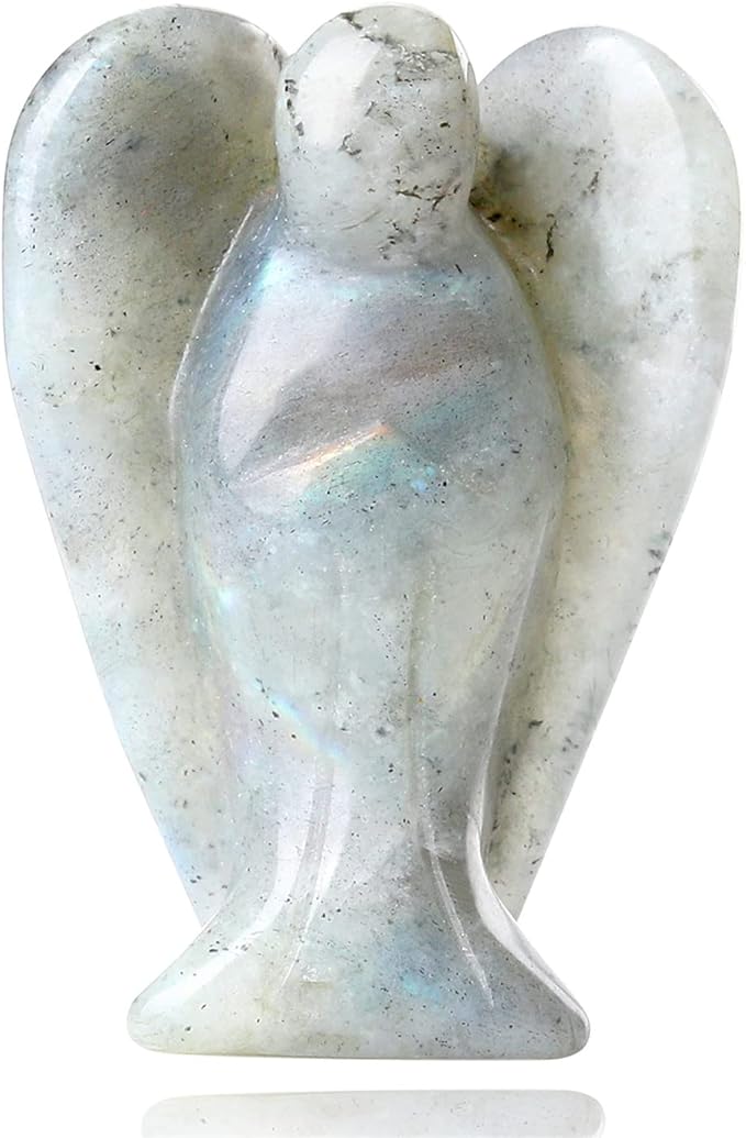 YATOJUZI 2" Crystal Angel Decor Labradorite Healing Polished Gift Stone Sculpture Statue Hand Carved Cute Figurines Gemstone Reiki Home Room Office Desk Decoration Guardian Angels Gifts for Women Men
