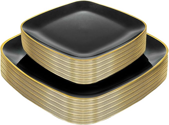 bUCLA 50PCS Black and Gold Plastic Plates - Square Black Gold Plastic Disposable - Include 25 Dinner & 25 Dessert Plates, Ideal for Party & New Year