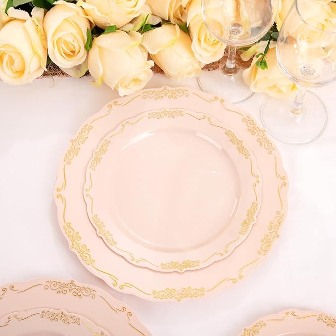 DaYammi 60 PCS Pink Gold Plastic Plates, Pink Disposable Plates with Gold Rim Include: 30 Dinner Plate, 30 Dessert Plate for Party, pink plastic plates with Vintage lace for Wedding