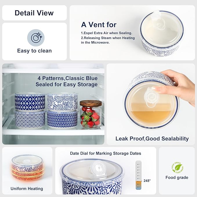 Selamica Ceramic Bowls with Lids,14 OZ Small Serving Bowls with Lids for Lunch Picnic Microwave Safe, 5 Inch Kitchen Food Storage Bowls Set of 4 for Prep, Salad, Pasta, Cereal, Vintage Blue