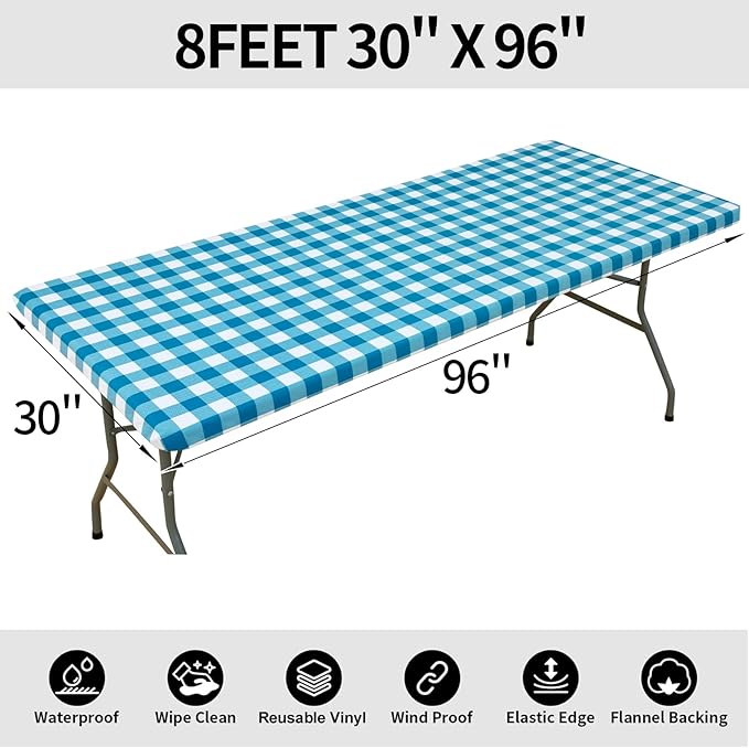 Smiry Rectangle Picnic Table Cloth, Elastic Waterproof Fitted Vinyl Tablecloths, Flannel Backed Buffalo Plaid Table Covers for Dining, Camping, Outdoor (White and Turquoise, 30" x 96")