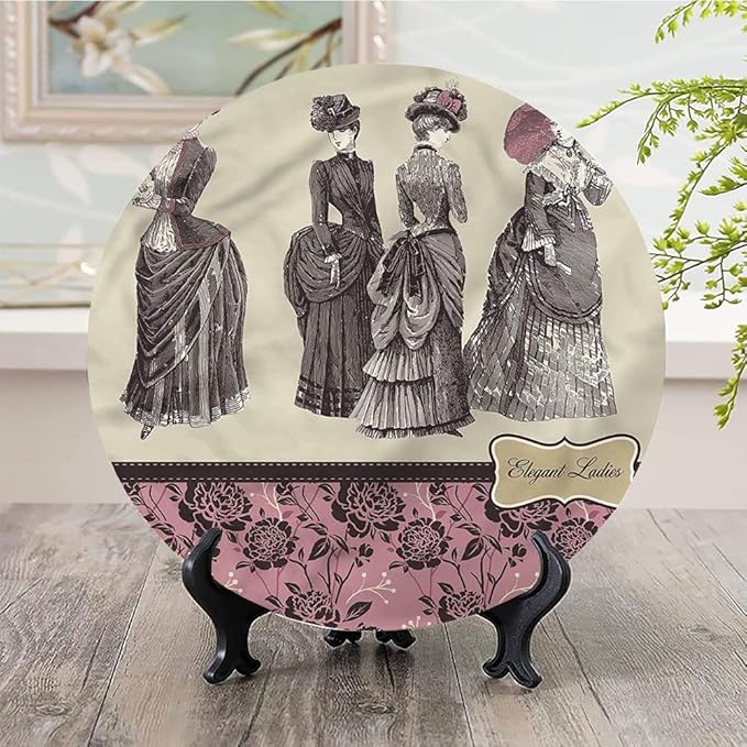 Decorative Plates, Victorian Print Ornament, Women Fashion Handbag, 8 Inch, 1 Plate with 1 Display Stand, Multicolor